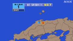 5時58分ごろ、Ｍ２．７　島根県東部 北緯35.3度　東経133