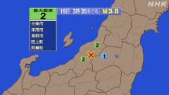 3時35分ごろ、Ｍ３．８　新潟県中越地方 北緯37.5度　東経1