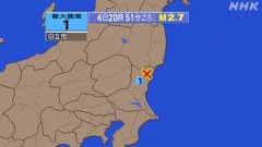 20時51分ごろ、Ｍ２．７　茨城県北部 北緯36.7度　東経14