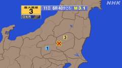 6時40分ごろ、Ｍ３．１　栃木県南部 北緯36.6度　東経139