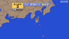 0時00分ごろ、Ｍ３．３　新島・神津島近海 北緯34.5度　東経