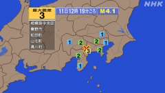 １１日、 12時19分ごろ、Ｍ４．１　神奈川県西部 北緯35.4