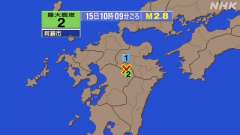 10時9分ごろ、Ｍ２．８　熊本県阿蘇地方 北緯33.0度　東経1