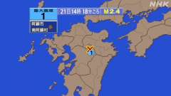 14時18分ごろ、Ｍ２．４　熊本県阿蘇地方 北緯33.0度　東経