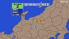 15時34分ごろ、Ｍ３．３　長野県北部 北緯36.7度　東経13