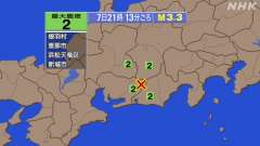 21時13分ごろ、Ｍ３．３　愛知県東部 北緯35.1度　東経13