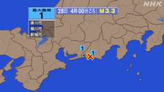 4時00分ごろ、Ｍ３．３　静岡県西部 北緯34.7度　東経137