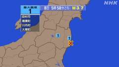 5時58分ごろ、Ｍ３．７　福島県沖 北緯37.1度　東経141.