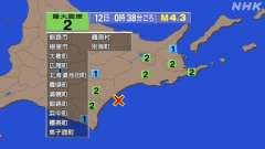 0時38分ごろ、Ｍ４．３　十勝沖 北緯42.6度　東経143.8