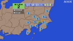 5時10分ごろ、Ｍ３．８　千葉県北西部 北緯35.7度　東経14