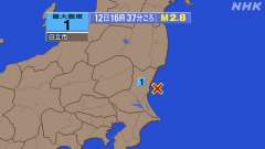 16時37分ごろ、Ｍ２．８　茨城県沖 北緯36.4度　東経140