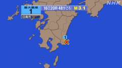 20時48分ごろ、Ｍ３．１　大隅半島東方沖 31.5度　東経13