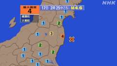 2時25分ごろ、Ｍ４．６　福島県沖 北緯37.2度　東経141.
