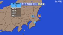 9時40分ころ、Ｍ３．１　茨城県沖 北緯36.1度　東経140.