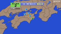 7時15分ごろ、Ｍ３．４　徳島県北部 北緯34.0度　東経134