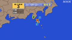 10時53分ごろ、Ｍ４．０　新島・神津島近海 北緯34.5度　東