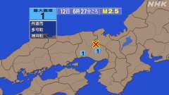 6時27分ごろ、Ｍ２．５　兵庫県南東部 北緯35.2度　東経13