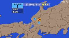 23時53分ごろ、Ｍ３．１　福井県嶺北 北緯35.9度　東経13