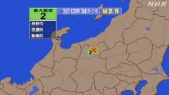 13時34分ごろ、Ｍ２．９　長野県北部 北緯36.7度　東経13