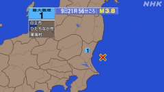 21時56分ごろ、Ｍ３．８　茨城県沖 北緯36.3度　東経141