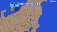 7時31分ごろ、Ｍ３．２　栃木県南部 北緯36.6度　東経139