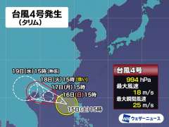 １５時、東シナ海で台風４号（タリム）が発生、 https://w