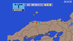 0時55分ごろ、Ｍ２．６　島根県東部 北緯35.4度　東経133