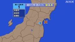 17時35分ごろ、Ｍ３．４　宮城県沖 北緯38.1度　東経141