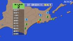 0時3分ごろ、Ｍ４．１　釧路地方中南部 北緯43.0度　東経14