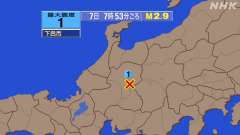 7時53分ごろ、Ｍ２．９　岐阜県飛騨地方 北緯35.9度　東経1