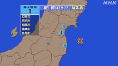 0時41分ごろ、Ｍ３．８　福島県沖 北緯37.6度　東経141.
