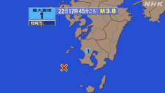 17時45分ごろ、Ｍ３．８　薩摩半島西方沖 北緯31.1度　東経