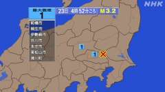 4時52分ごろ、Ｍ３．２　埼玉県北部 北緯３６．１ど　東経139