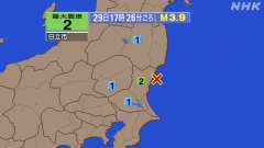 17時26分ごろ、Ｍ３．９　茨城県沖 北緯36.6度　東経140