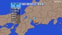 8時23分ごろ、Ｍ３．２　愛知県西部 北緯34.9度　東経137