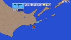 19時35分ごろ、Ｍ３．７　釧路沖 北緯42.8度　東経145.