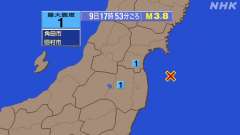 17時53分ごろ、Ｍ３．８　福島県沖 北緯37.7度　東経141