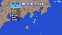 2時24分ごろ、Ｍ４．６　東海道南方沖 北緯33.7度　東経13
