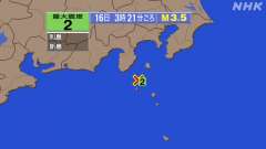 新島・神津島近海地震、 3時15分～4時31分まで、震度２が２回