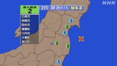 3時25分ごろ、Ｍ４．２　福島県沖 北緯37.7度　東経141.