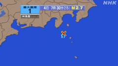 7時27分ごろ、Ｍ２．４　新島・神津島近海 北緯34.3度　東経