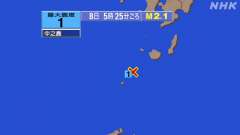 5時25分ごろ、Ｍ２．１　トカラ列島近海 北緯29.9度　東経1