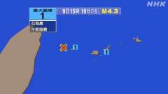 15時19分ごろ、Ｍ４．３与那国島近海 北緯24.5度　東経12