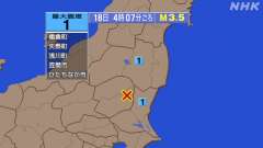 4時7分ごろ、Ｍ３．５　栃木県南部 北緯36.7度　東経140.