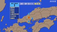 6時15分ごろ、Ｍ３．４　広島県南西部 北緯34.5度　東経13