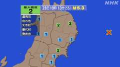 19時13分ごろ、Ｍ５．３　三陸沖 北緯39.5度　東経143.