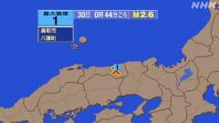 0時44分ごろ、Ｍ２．６　鳥取県東部 北緯35.4度　東経134