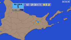 5時36分ごろ、Ｍ２．２　釧路地方北部 北緯43.5度　東経14