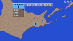 21時49分ごろ、Ｍ４．８　北海道南西沖 北緯42.0度　東経1