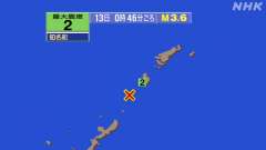 0時46分ごろ、沖縄本島近海 北緯27.4度　東経128.6度　